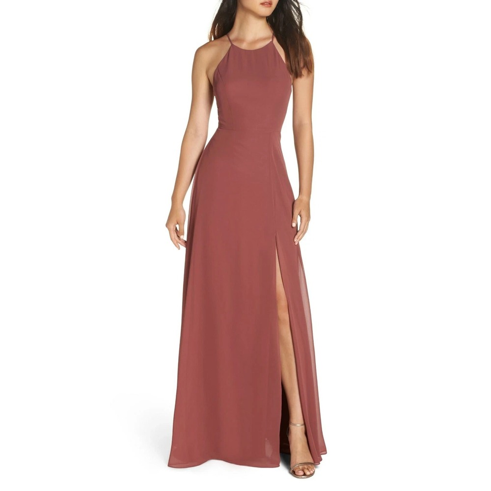 JENNY YOO Cinnamon Rose Kayla Chiffon Halter Strappy A-Line Gown Maxi -Size 16